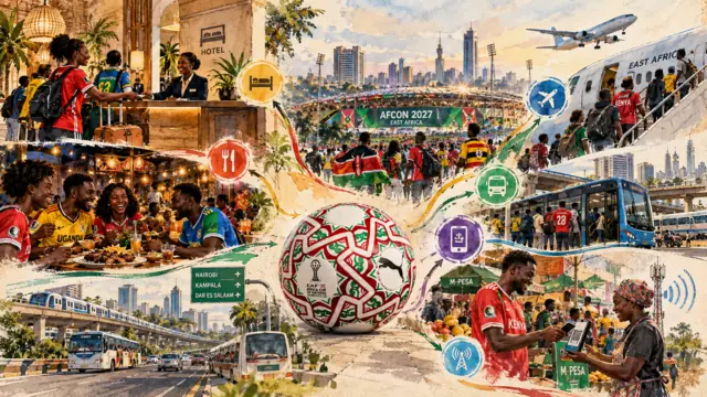 Illustrated AFCON Pamoja 2027 visitor journey across hospitality, transport and mobile payments