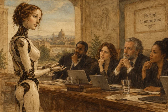Renaissance-style illustration of a robot presenting its case to a human hiring committee.