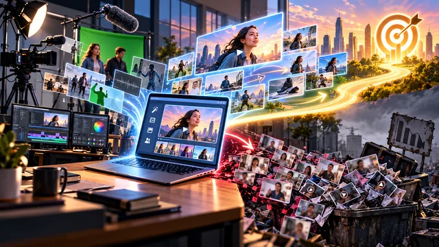 Illustration connecting a video studio, AI editing, rejected clips, and a campaign target.