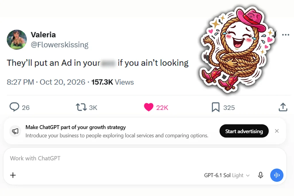ChatGPT advertising invitation beneath a social post, overlaid with Attention Lasso’s laughing rope mascot in a pink cowboy hat.