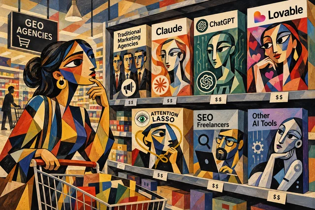 Cubist painting of a shopper choosing between GEO agency services on supermarket shelves.