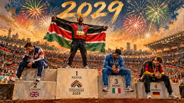 Editorial painting of a Kenyan athlete celebrating Nairobi winning the 2029 World Athletics Championships hosting bid