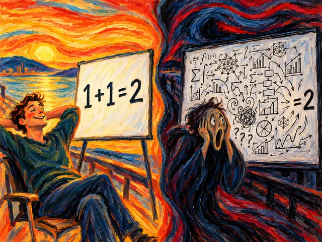 An expressive painting contrasting a simple one plus one equation with a wall of complicated calculations.