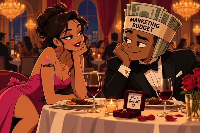 Cartoon of Lovable courting a marketing budget over a candlelit dinner.
