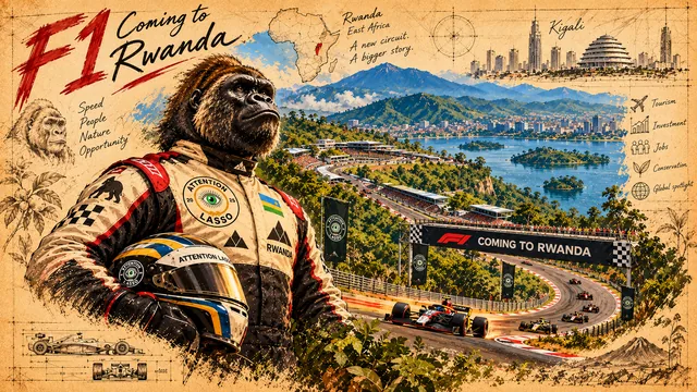 Editorial illustration of a gorilla racing driver overlooking a planned Formula 1 circuit and Kigali skyline in Rwanda
