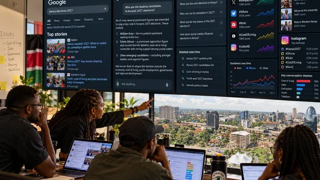 Kenyan political campaign team monitoring social media, search results and AI answers ahead of the 2027 General Election