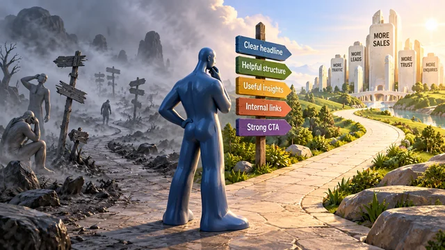 A crossroads connecting clear headlines, useful insights, internal links, and calls to action to business growth.