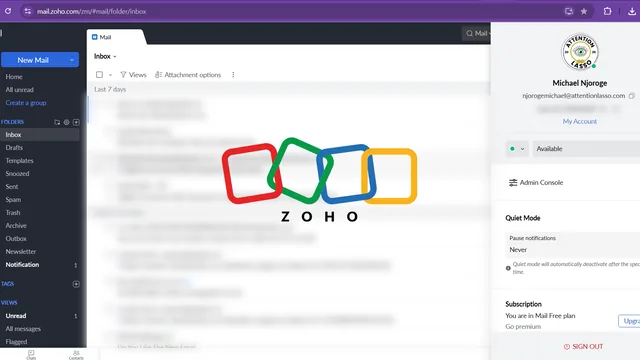 Zoho Mail inbox showing an Attention Lasso custom-domain email